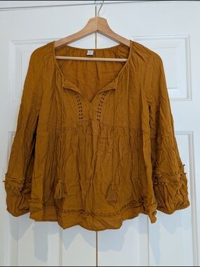 3 For $20 Womens Old Navy Mustard Brown Boho Tassel Peasant Blouse Boho Top S